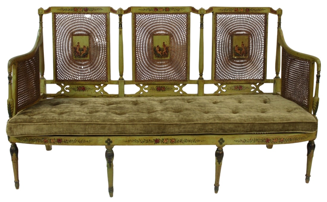 Antique Adams Style Paint Decorated Caned Settee.: Good large size and well made. From the estate of a 50+ year antique dealer specializing in decorative arts with an emphasis on Opaline glass boxes. - Dimensions: 37" x 22" x 63"