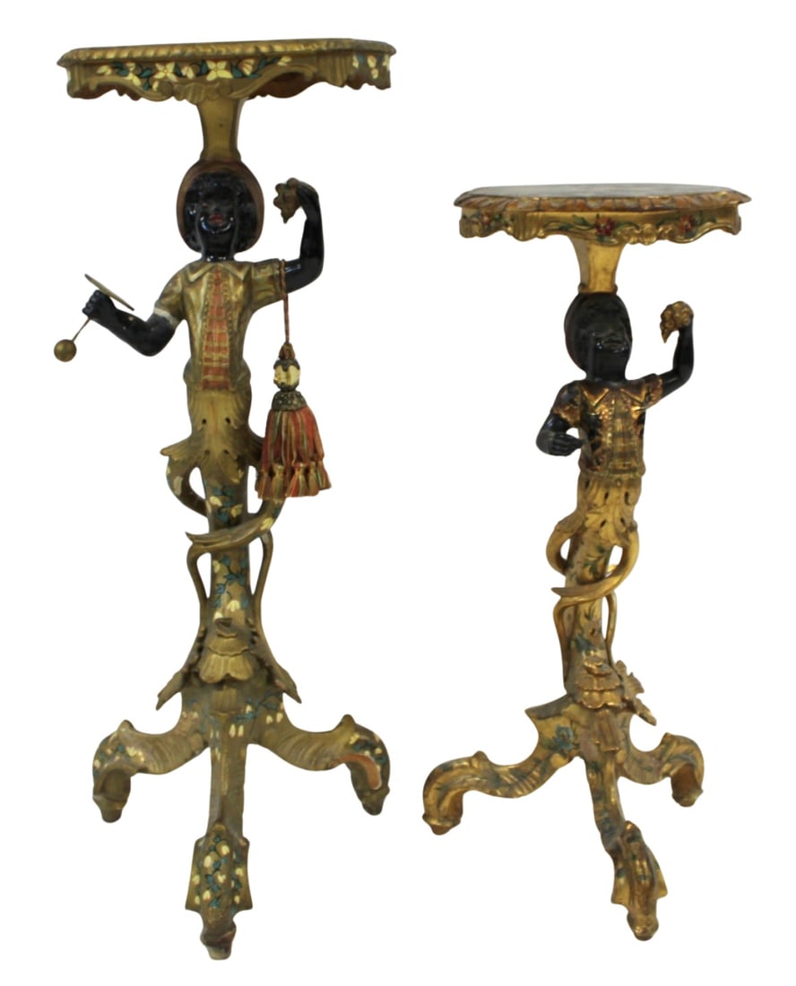 2 Antique Venetian Carved & Painted Blackamoor: Pedestals. A great pair of pedestals with nice carving and detail. From the estate of a 50+ year antique dealer specializing in decorative arts with an emphasis on Opaline glass boxes. - Dimensions: 3