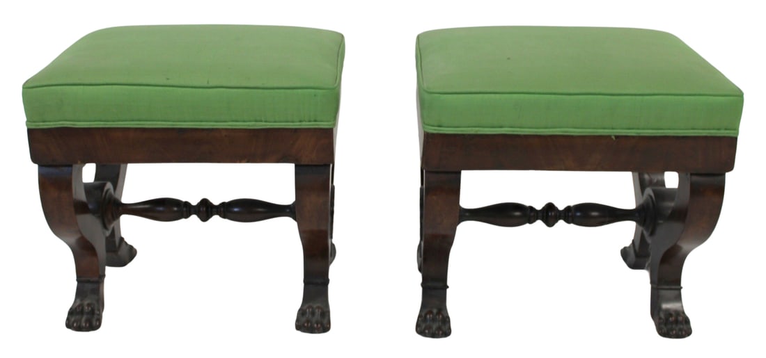 Antique Pair of Mahogany Clawfoot Benches.: Nice pair with original fabric and carved feet. From the estate of a 50+ year antique dealer specializing in decorative arts with an emphasis on Opaline glass boxes. - Dimensions: 18" x 15" x 20"