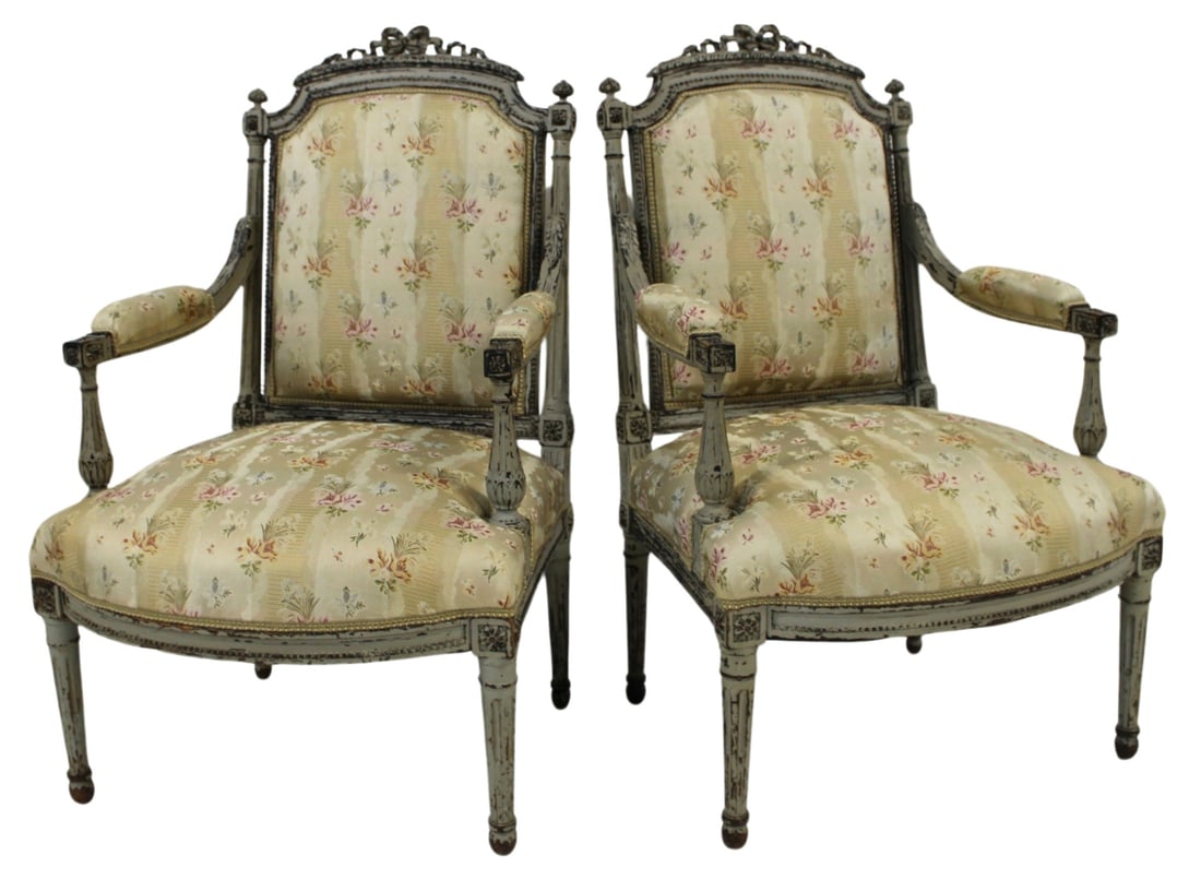 Antique Pair of Finely Carved Louis XV Style: Armchairs. The best of quality, finely carved and a nice distressed look finish. From the estate of a 50+ year antique dealer specializing in decorative arts with an emphasis on Opaline glass boxes.