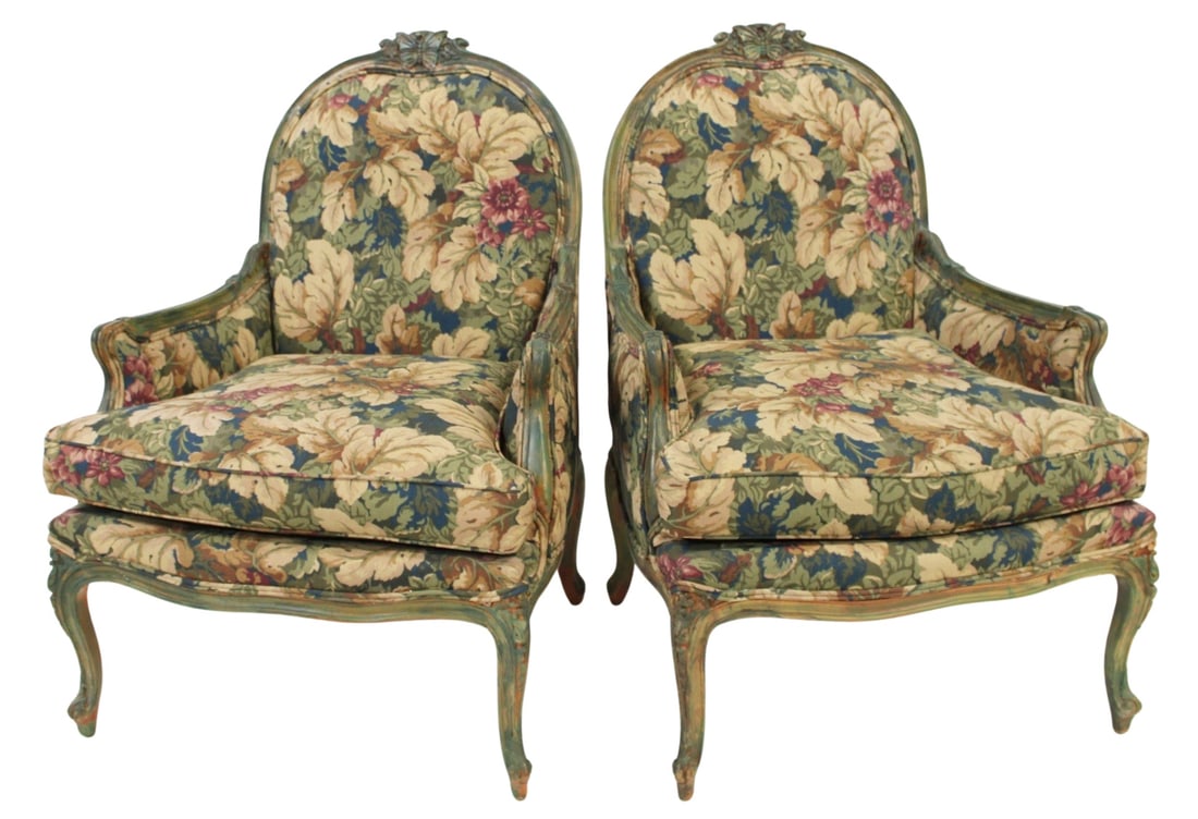 Fine Pair of Upholstered Louis XV Style Bergeres.: Paint decorated and upholstered. From the estate of a 50+ year antique dealer specializing in decorative arts with an emphasis on Opaline glass boxes.