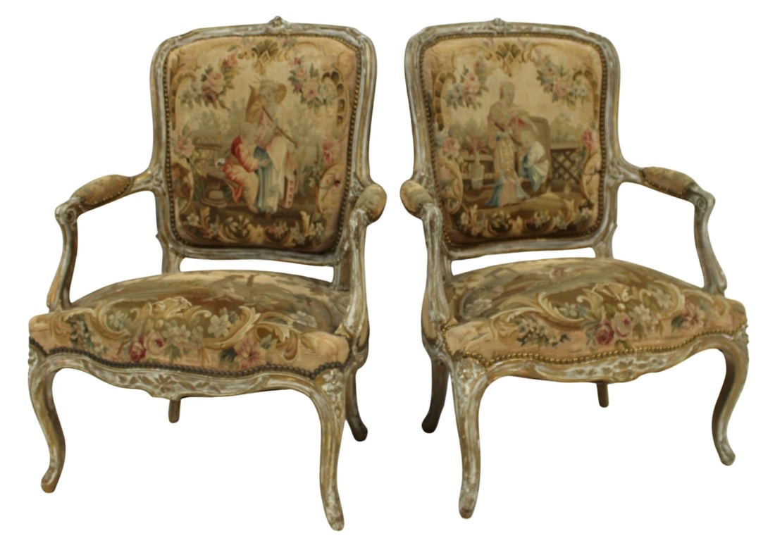 Fine Pair of Antique Louis XV Style Armchairs.: Great handmade, possibly silk, fabric and a nice distressed look. From the estate of a 50+ year antique dealer specializing in decorative arts with an emphasis on Opaline glass boxes.