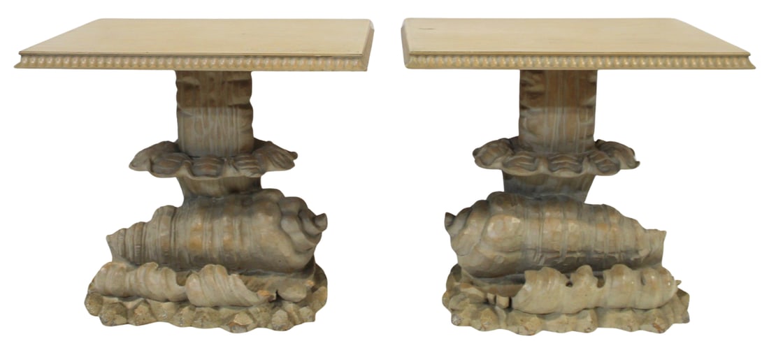 Midcentury Pair of Carved Wood Side Tables.: From the estate of a 50+ year antique dealer specializing in decorative arts with an emphasis on Opaline glass boxes. - Dimensions: 26.5" x 30" x 22"