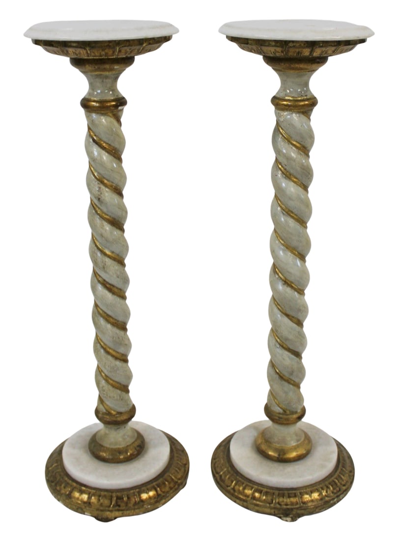 Vintage Pair of Paint & Gilt Decorated Twist: Wood Pedestals with Stone Tops. From the estate of a 50+ year antique dealer specializing in decorative arts with an emphasis on Opaline glass boxes.