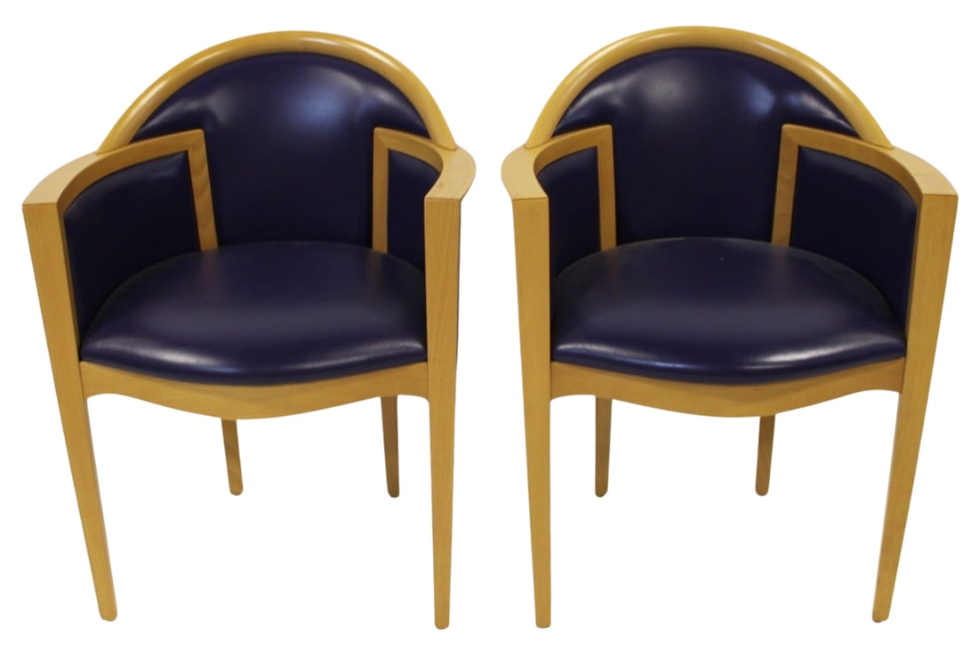 POTOCCO Signed Pair of Blonde Modernist Chairs.: Nice lines and colors. Signed on fabric. From the estate of a 50+ year antique dealer specializing in decorative arts with an emphasis on Opaline glass boxes.