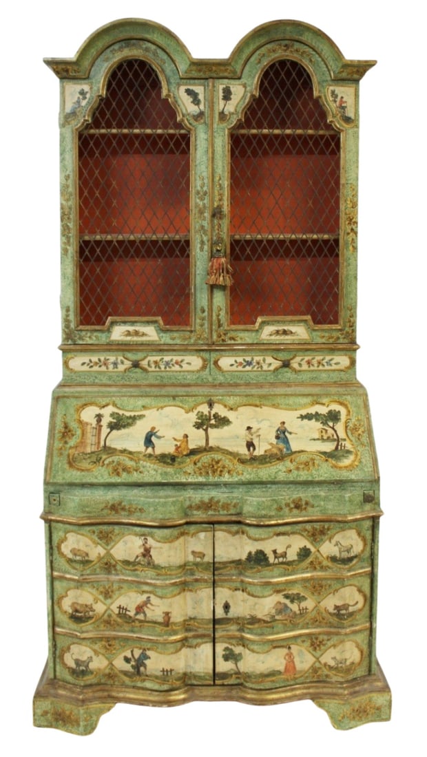 Vintage & Fine Quality Venetian Style Hand Painted: Secretary Bookcase. Big and beautiful!! Well painted slant front and arch top bookcase. From the estate of a 50+ year antique dealer specializing in decorative arts with an emphasis on Opaline glass b