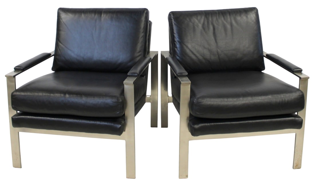 After Milo Baughman Pr of Midcentury Chrome: Armchairs. Good over size and nice quality with naugahyde style fabric. From the estate of a 50+ year antique dealer specializing in decorative arts with an emphasis on Opaline glass boxes. -