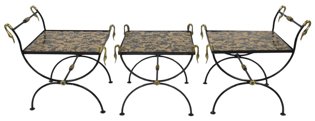 3 Piece Enameled & Gilt Metal Neoclassical Bench.: Quality, midcentury with swan relief and tile inserts. From the estate of a 50+ year antique dealer specializing in decorative arts with an emphasis on Opaline glass boxes. - Dimensions: 22.5" x 24"