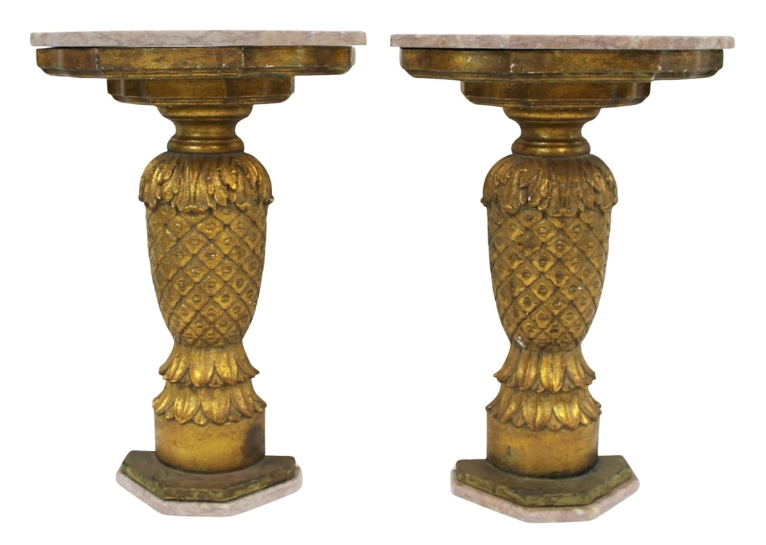 Vintage Pair of Carved Pineapple Marbletop Side: Tables. These can be put together to look like 1 table. From the estate of a 50+ year antique dealer specializing in decorative arts with an emphasis on Opaline glass boxes. - Dimensions: 30" x 12" x