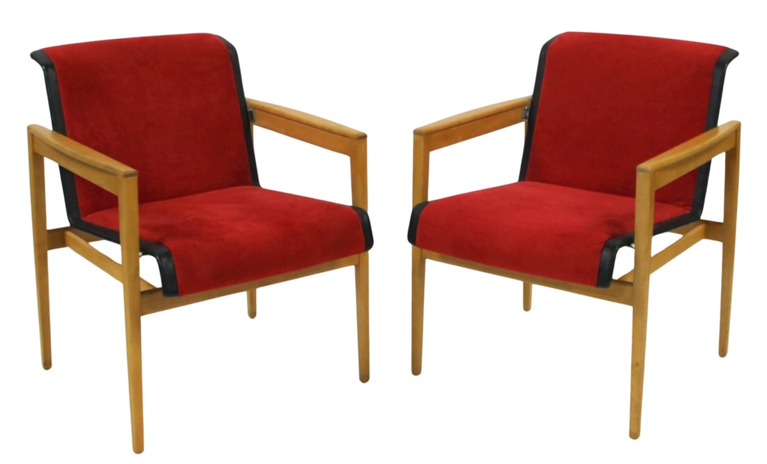 Pair of Seventies Upholstered Blonde Armchairs.: Nice quality and lines with red fabric, blonde wood frame and chrome stretcher on back. From the estate of a 50+ year antique dealer specializing in decorative arts with an emphasis on Opaline glass