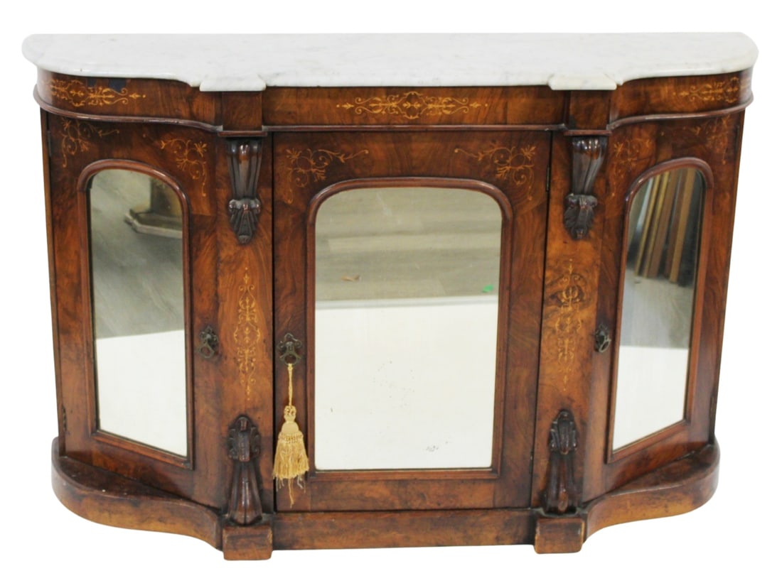 English Victorian Walnut & Marbletop Server.: Serpentine front, great patina with inlay and mirrored doors. From the estate of a 50+ year antique dealer specializing in decorative arts with an emphasis on Opaline glass boxes. - Dimensions: 34" x