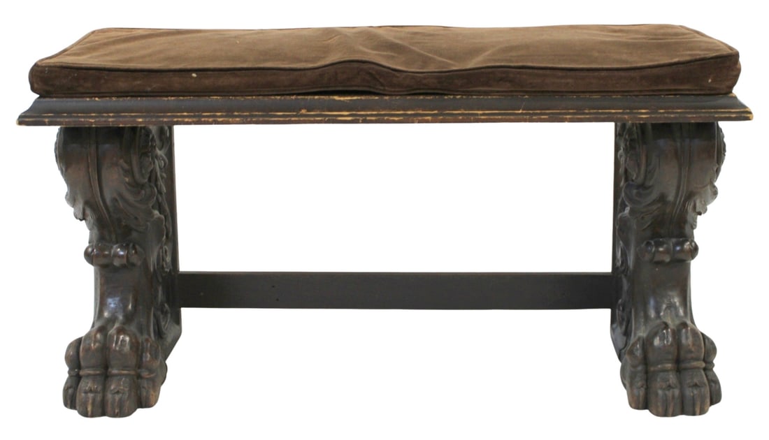 Antique Carved Wood Bench with Cushion.: Georgian style bench with carved details on both ends. From the estate of a 50+ year antique dealer specializing in decorative arts with an emphasis on Opaline glass boxes.