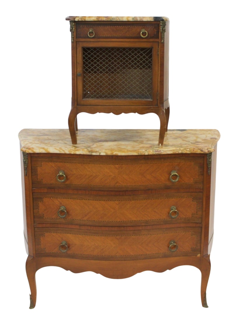 Vintage Satinwood & Marbletop Chest & Nightstand.: Nice quality, shaped and banded. From the estate of a 50+ year antique dealer specializing in decorative arts with an emphasis on Opaline glass boxes. Dimensions: small nightstand measures approx.