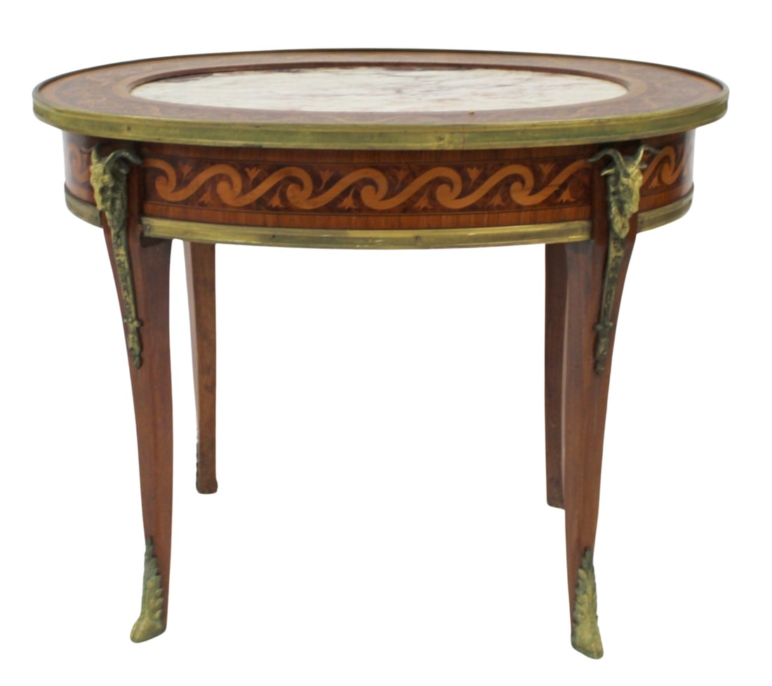 Art Deco Oval Satinwood, Inlaid & Bronze Mounted: Coffee Table. From the estate of a 50+ year antique dealer specializing in decorative arts with an emphasis on Opaline glass boxes. - Dimensions: 22" x 28.5" x 20"