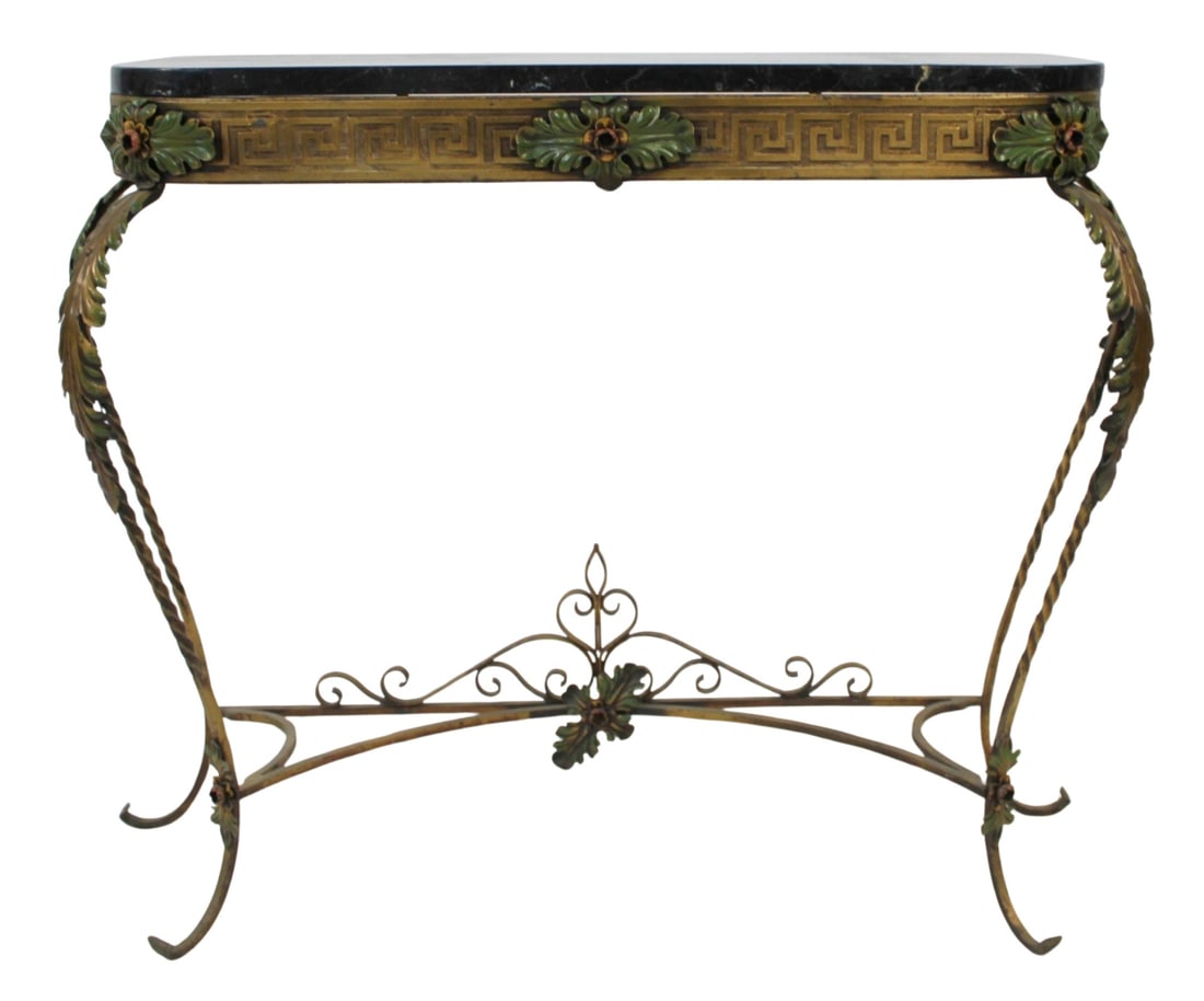 Art Deco Gilt Metal Marbletop Console.: Nice original example with Greek Key & paint decoration. From the estate of a 50+ year antique dealer specializing in decorative arts with an emphasis on Opaline glass boxes. - Dimensions: 29" x