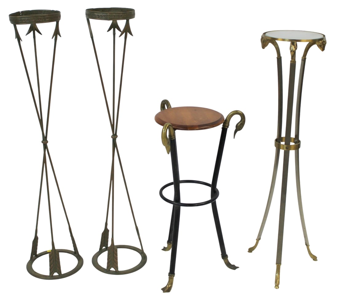 Lot of Assorted Vintage Pedestals.: Includes a pair of metal arrow form pedestals, 47" x 11", no inserts and showing wear; a single pedestal stand with Goose relief and web feet, 31" x 18"; and a single pedestal