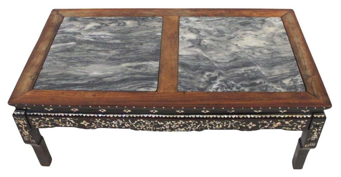 Antique Chinese Hardwood Coffee Table with: Mother-of-Pearl Inlay & Dreamstone Inserts. Inlaid throughout, and displaying (2) dreamstone inserts. With writing to the underside. From the estate of a 50+ year antique dealer specializing in
