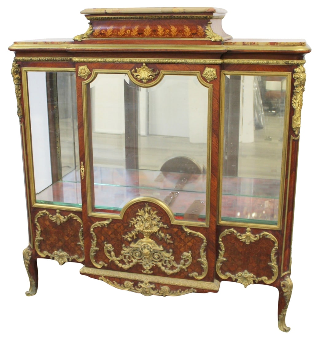 MAISON GRIMARD Gilt Bronze Mounted Mahogany: Kingwood Marquetry & Parquetry Inlaid Vitrine. From the estate of a 50+ year antique dealer specializing in decorative arts with an emphasis on Opaline glass boxes. - Dimensions: 60" x 55" x 18"