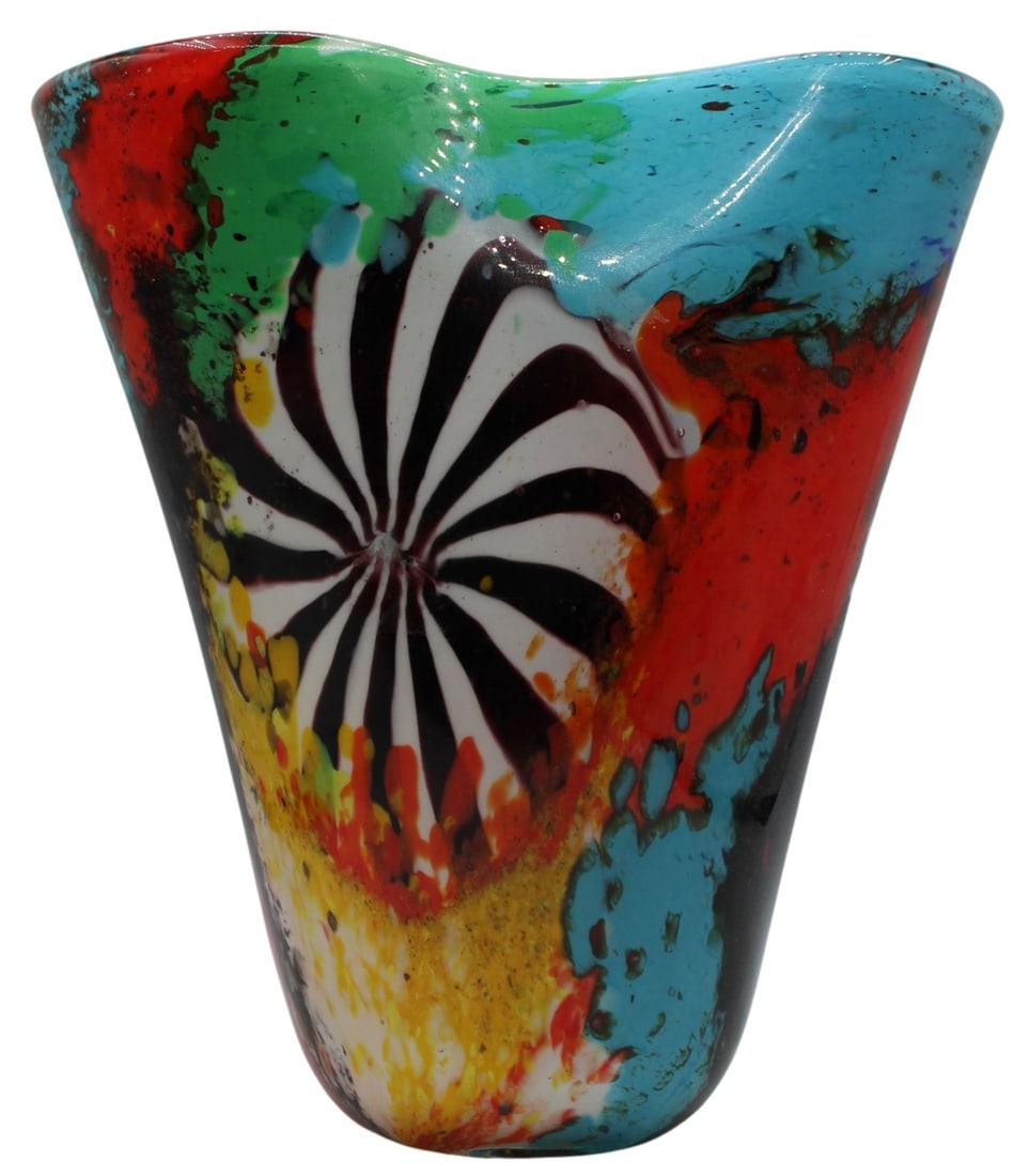 Dino Martens for Aureliano Toso "Oriente": Vase. Of unusual form with a pinched rim at the top. Vase is multicolored with signature pinwheel and varying levels of opacity depending on design and materials used. Signed, "D. Martens" o