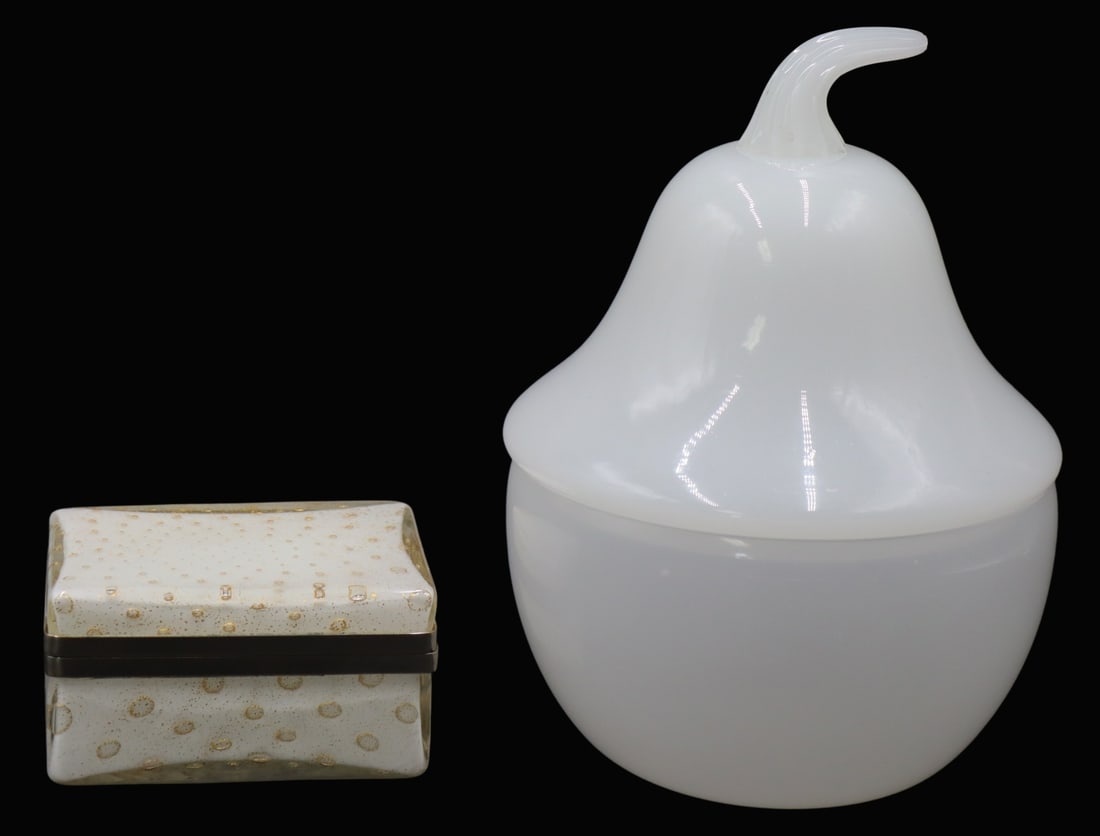 Murano and French Opaline Glass Objects.: Includes a Murano glass hinged box with gold flecks - partially legible paper label to the underside; and a French opaline glass pear form lidded box. From the estate of a 50+ year antique dealer spec