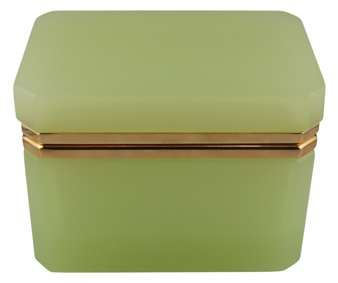 French Lime Green Opaline Glass Box with Gilt: Metal Mounts. Rare lime green color. With clipped corners. Circa 1970's. From the estate of a 50+ year antique dealer specializing in decorative arts with an emphasis on opaline glass boxes. Dimension