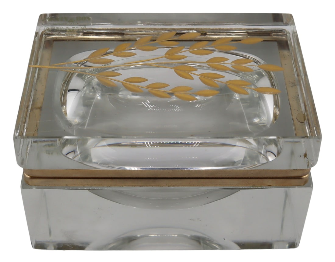 Pagnin & Bon Murano Glass Box with Gilt Leaves.: With a Pagnin & Bon Murano Italy label to the top. From the estate of a 50+ year antique dealer specializing in decorative arts with an emphasis on opaline glass boxes. Dimensions: box measures ap