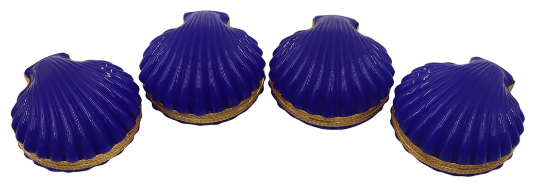 (4) French Brilliant Blue Glass Clamshell Boxes.: With gilt bronze mounts displaying a geometric design. Circa 1950's. From the estate of a 50+ year antique dealer specializing in decorative arts with an emphasis on Opaline glass boxes. Dimensions: c