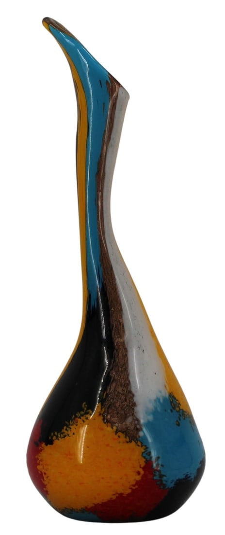 Dino Martens for Aureliano Toso "Oriente" Tall: Vase. Dino Martens "Oriente" vase with a short body and a long thin neck. Decorated with multiple materials and a pinwheel design on the side. From the estate of a 50+ year antique dealer sp