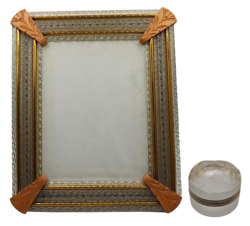 Vintage Murano Glass and Wood Frame and Lalique: 'Daphne' Box. The frame is cut glass with gilt-metal accents and carved wood corners. Lalique Daphne box has gilt metal mounts with felt padding on the underside with a carving of a young woman on the