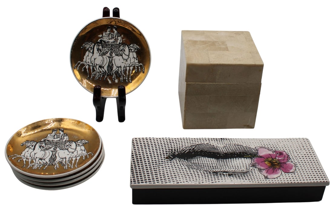 (6) Fornasetti Objects and (1) Maitland Smith Box.: Including a Fior di Bacio incense box - signed, "Fornasetti Profumi" verso lid and underside; (5) small dishes depicting a scene of a 6-horse chariot with 2 male riders - signed, "Forna