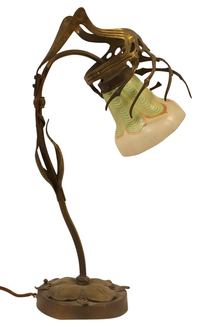 Art Nouveau Gilt Metal Table Lamp & Favrile Shade.: The shade probably Loetz. From the estate of a 50+ year antique dealer specializing in decorative arts with an emphasis on Opaline glass boxes. - Dimensions: 20"H