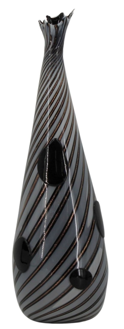 Large Murano Glass Black and White Vase with Gold: Flecks. Tear drop form black and white vase with gold fleck stripes with an asymmetrical rim design. Accompanied by raised black spots throughout the body of the vase. From the estate of a 50+ year an