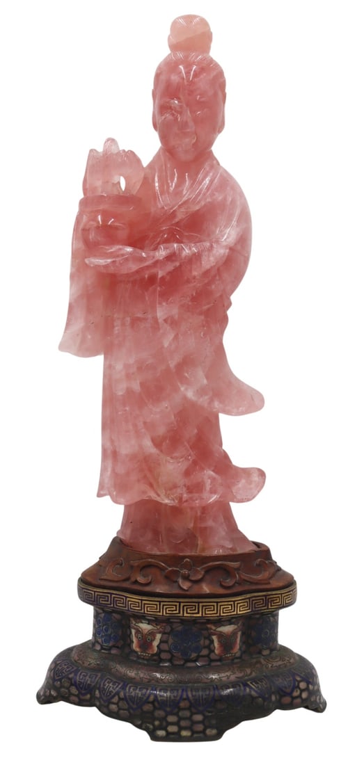Chinese Carved Rose Quartz Quan Yin on Stand.: Chinese carved rose quartz standing figure of a Quan Yin on carved wood base mounted atop a beautiful Chinese Archaic style cloisonne base with floral and mythical beast head motif. From the estate of