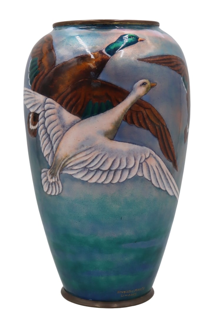 Signed Henriette Marty Limoges Enamel Vase with: Ducks. Signed Henriette Marty Limoges enamel on copper vase displaying ducks in flight. Signed, "Henriette Marty Limoges". From the estate of a 50+ year antique dealer specializing in decora