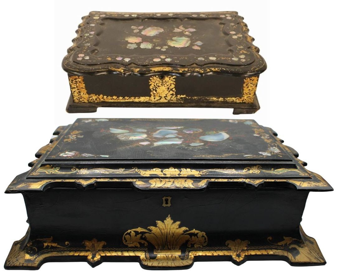 (2) Antique Papier Machier Sewing Box with Mother: of Pearl Inlay. With locking system and felt interior. From the estate of a 50+ year antique dealer specializing in decorative arts with an emphasis on Opaline glass boxes. Dimensions: large box measu