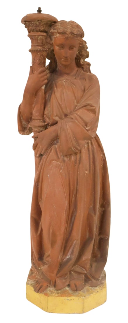 Large Antique Terracotta Figural Lamp.: From the estate of a 50+ year antique dealer specializing in decorative arts with an emphasis on Opaline glass boxes.