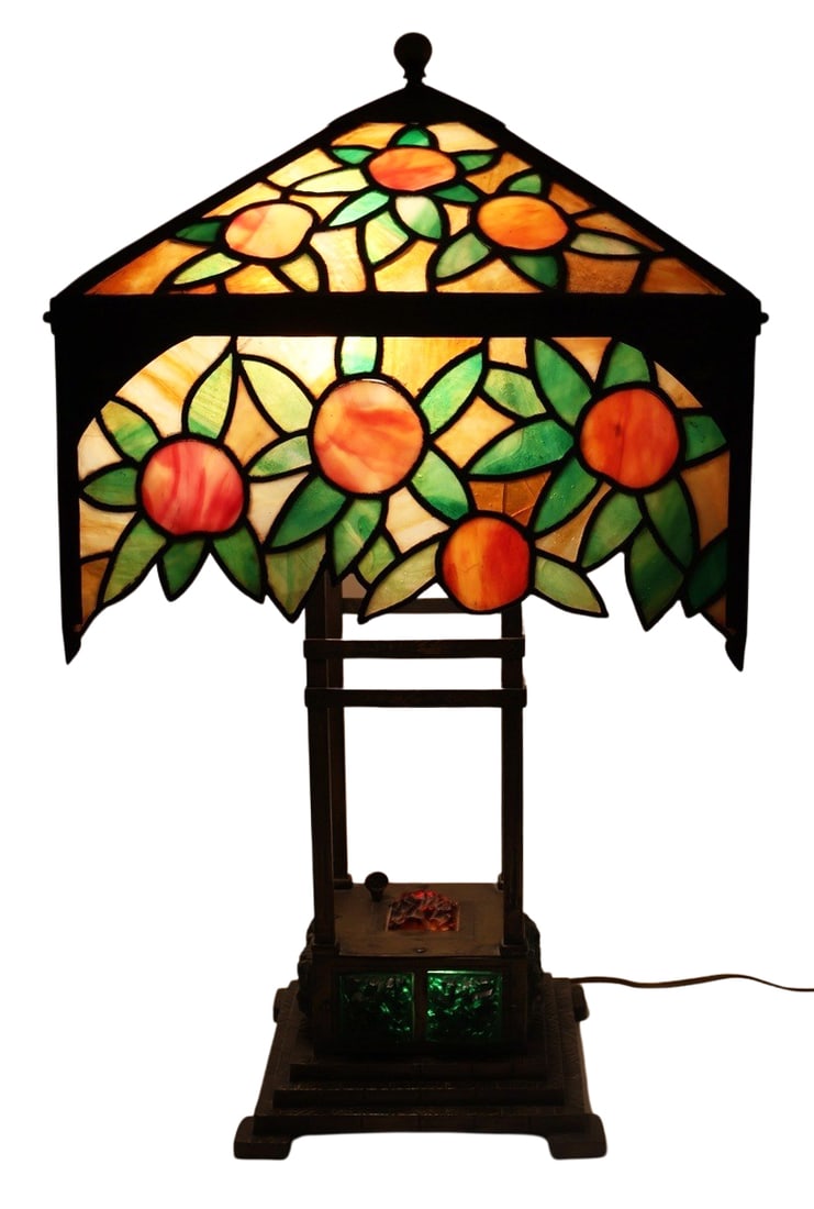 Antique Arts and Crafts Leaded Glass Lamp.: Large and impressive with what looks like a hand wrought copper frame, leaded glass shade with Turtle Back style glass in a stepped type base. Apparently unsigned. From the estate of a 50+ year antiqu