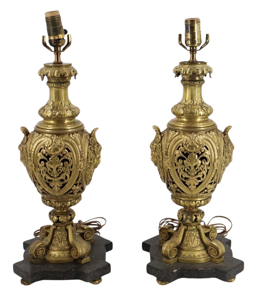 Antique Pair of Gilt Bronze Ornate Urns as Lamps.: Great quality and patina. From the estate of a 50+ year antique dealer specializing in decorative arts with an emphasis on Opaline glass boxes. - Dimensions: 18" h.