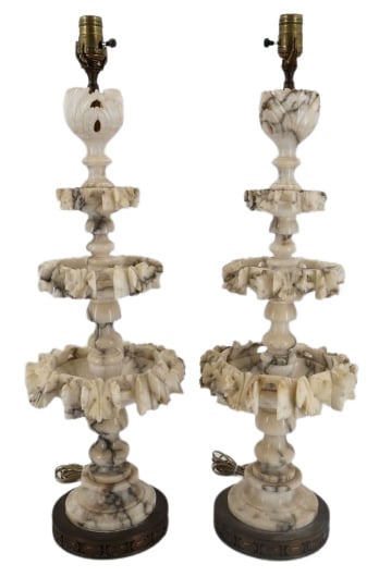 Tall Pair of Antique Marble / Alabaster Lamps.: Tall pair of fountain form carved lamps with 3 tiers and cup top. From the estate of a 50+ year antique dealer specializing in decorative arts with an emphasis on Opaline glass boxes. - Dimensions: 29