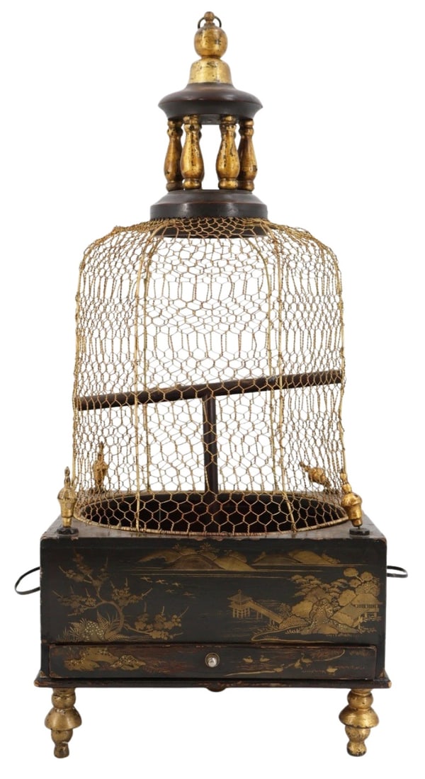 Vintage Tole Chinoiserie Decorated Bird Cage.: From the estate of a 50+ year antique dealer specializing in decorative arts with an emphasis on Opaline glass boxes.