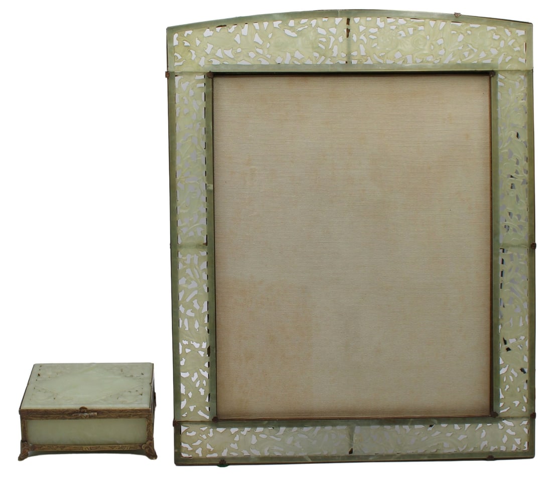 Chinese Carved Jade Frame and Hinged Box.: Chinese serpentine jade with bronze mounts and feet in a floral motif - stamped, "China" on the underside. Frame is pierced and carved jade in a floral motif with gilt bronze mounts and felt
