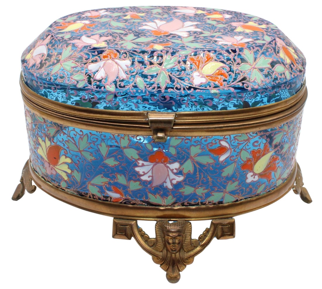 19th C Bohemian Moser Enameled Egyptian Revival: Glass Box with Bronze Mounts. Egyptian revival glass box is decorated in a floral motif with bronze feet - signed, "20" interior. From the estate of a 50+ year antique dealer specializing in