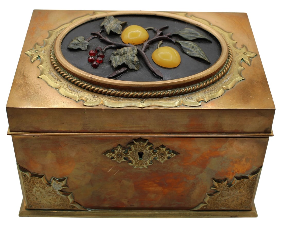 Antique Hinged Brass Box with Inlaid Hardstone (1 of 14)