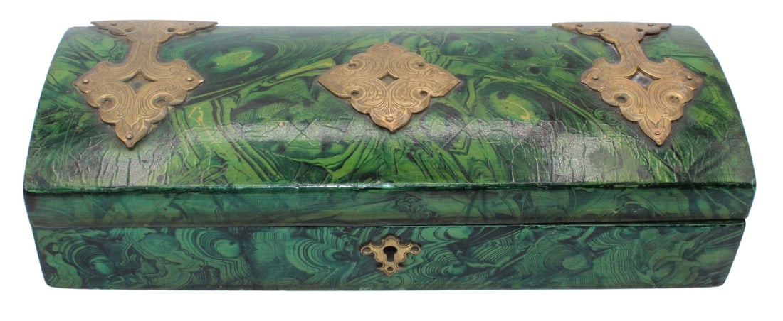 19th C Antique Faux Malachite Painted Box with: Brass Mounts. Hinges stamped, "W. T&S Mprove". Interior is a red and white fruit and leaf motif. Circa late 19th C. From the estate of a 50+ year antique dealer specializing in decorativ