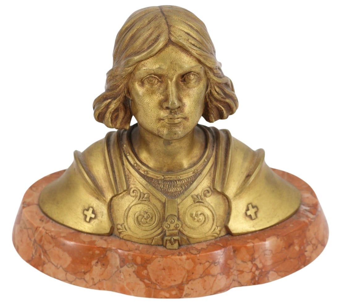 DOMINIQUE ALONZO (France, 1910-1930).: Gilt bronze bust on a rouge marble base. Signed, "Alonzo". From the estate of a 50+ year antique dealer specializing in decorative arts with an emphasis on Opaline glass boxes. - Dimensions: