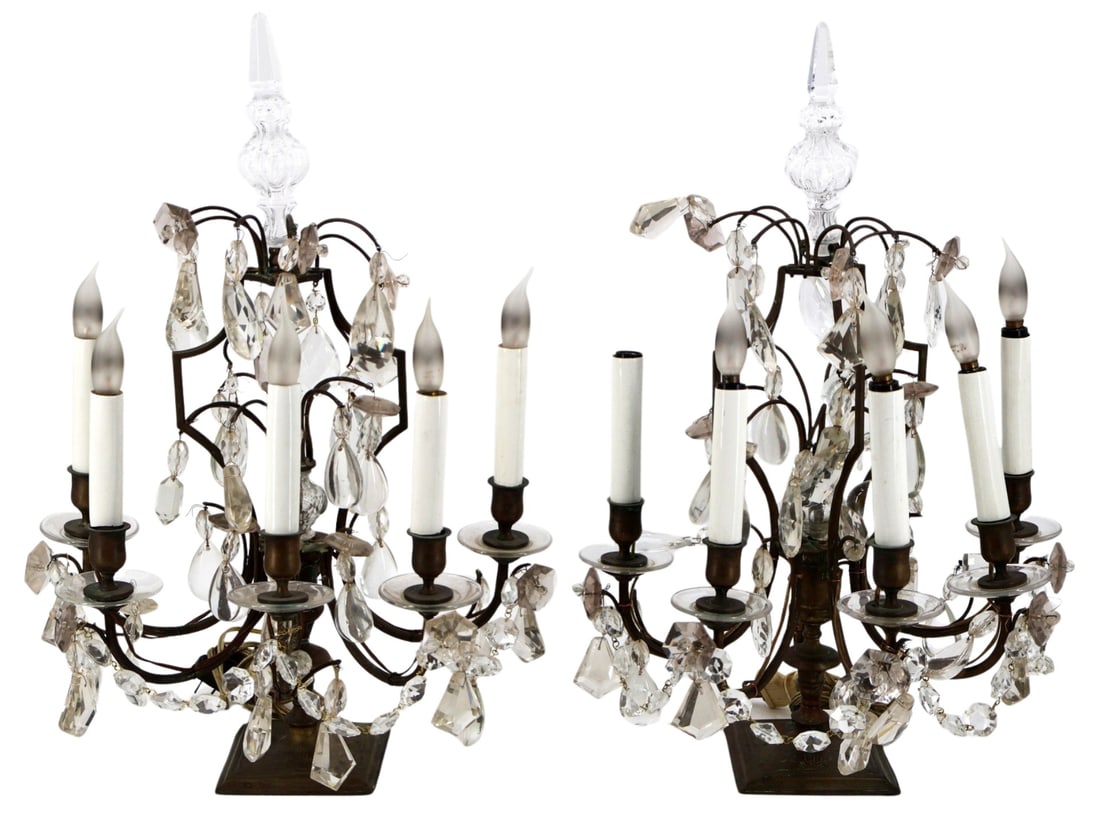 Antique Pair of Bronze & Crystal Girondelles.: Nice quality. From the estate of a 50+ year antique dealer specializing in decorative arts with an emphasis on Opaline glass boxes. - Dimensions: 20" x 12"
