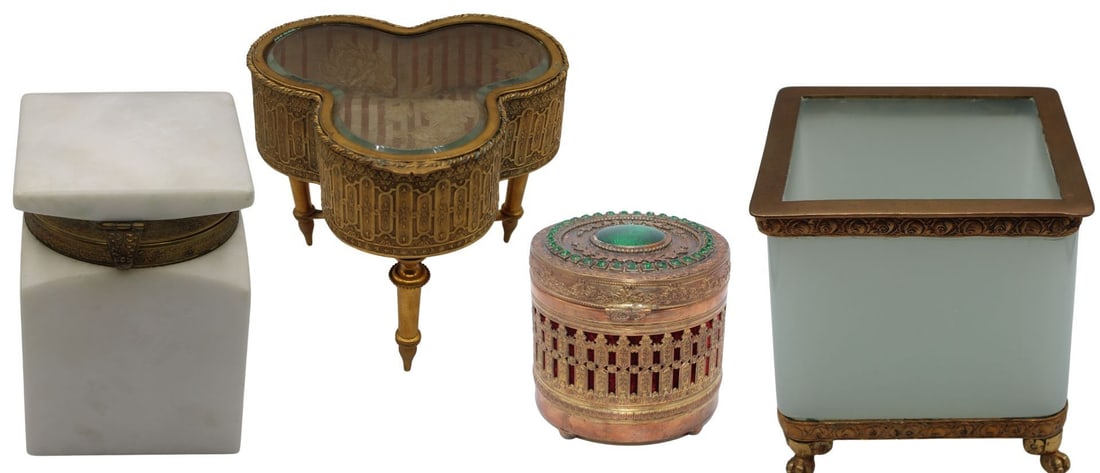 (4) Glass and Metal Mounted Boxes.: Including a rare form bronze tripod jewelry box with a glass lid and cushioned interior base decorated in a floral motif; a square form white marble box with gilt metal rim - stamped, "X820 Italy