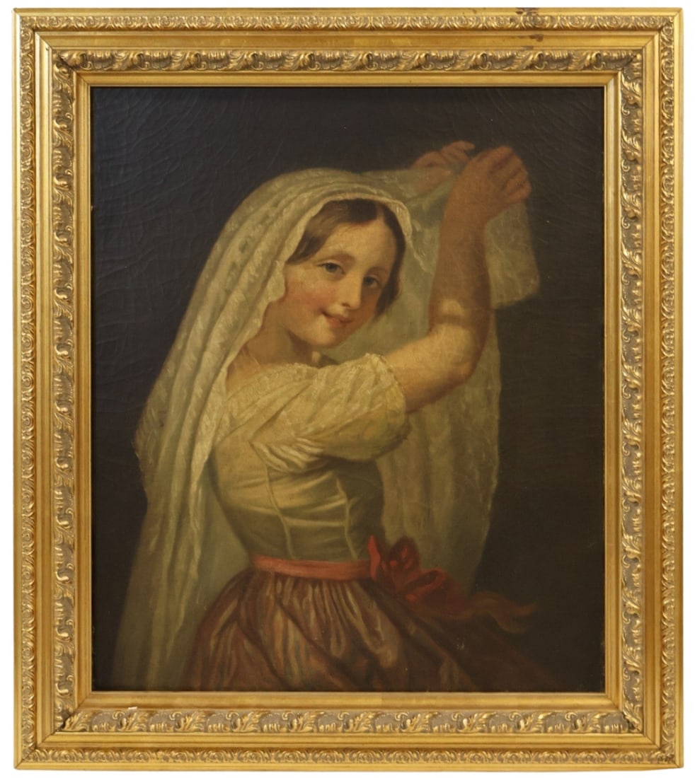 UNSIGNED Oil On Canvas.: 19th century oil on canvas of a girl wearing a shawl. Apparently unsigned. From the estate of a 50+ year antique dealer specializing in decorative arts with an emphasis on Opaline glass boxes. - Dimen