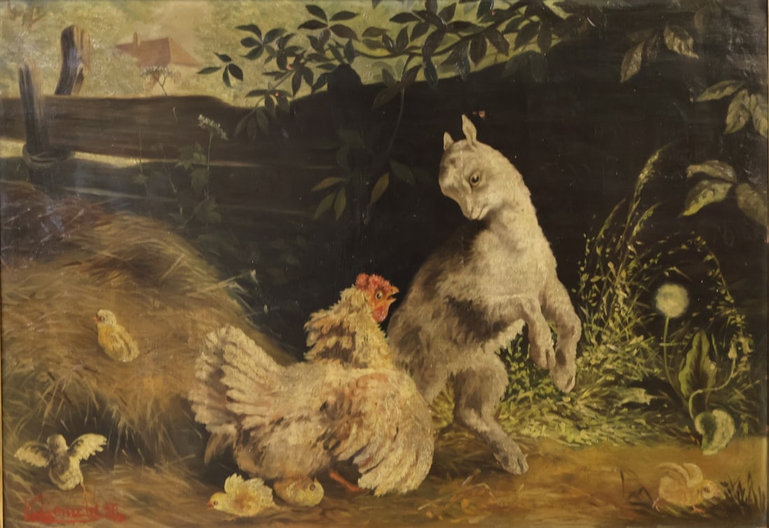 K.REMOLD Signed Oil on Panel on Animals.: Chicken, Chicks & Lamb oil on panel. Signed lower left. From the estate of a 50+ year antique dealer specializing in decorative arts with an emphasis on Opaline glass boxes. - Dimensions: Oil 29" 