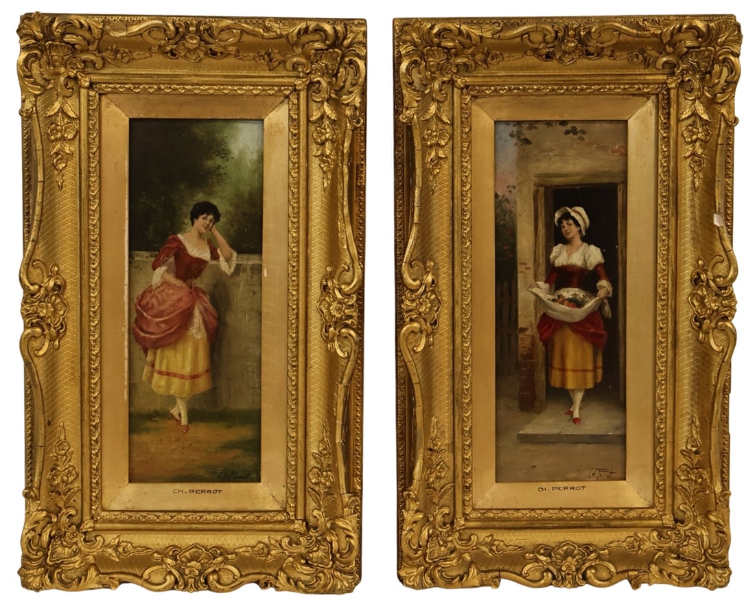 C. H. PERROT Pair of Signed Oils on Board.: (2) 19th century signed oil paintings on board. Signed lower right. From the estate of a 50+ year antique dealer specializing in decorative arts with an emphasis on Opaline glass boxes. - Dimensions: 